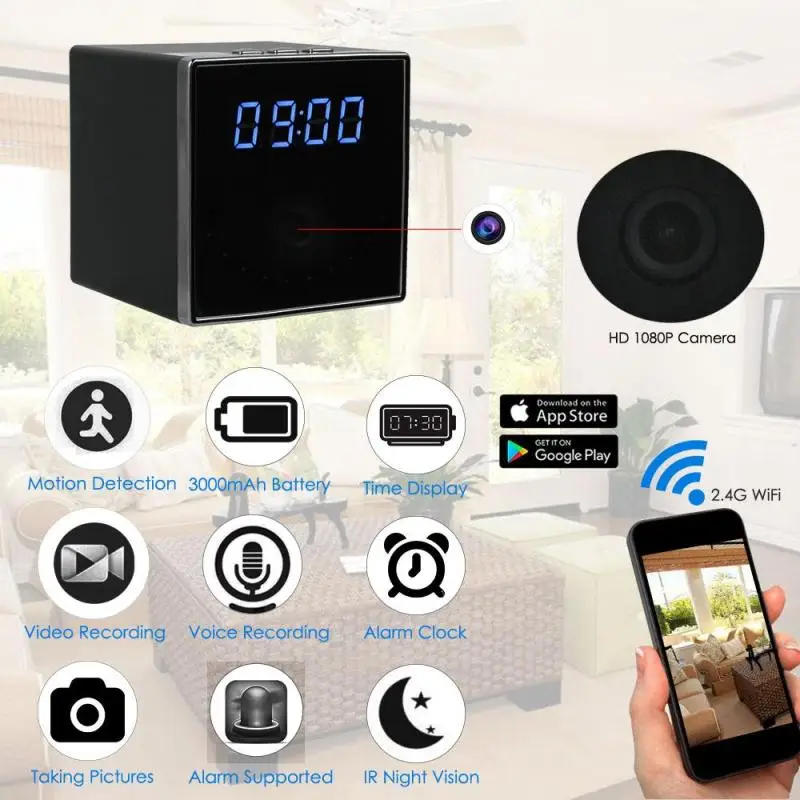 

Mini WiFi Alarm Clock Camera HD 1080P Remote Security Night Vision Motion Sensor Video Recorder Wireless Camera