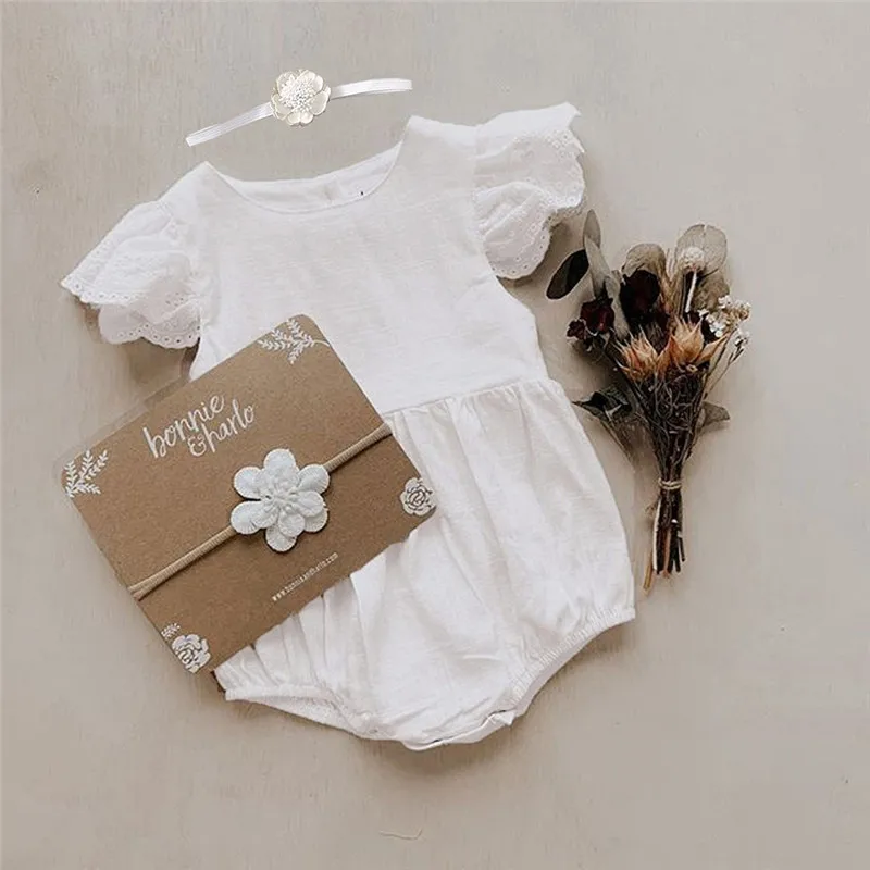 baby romper Summer Infant Baby Girls Lace Fly Sleeve Ruffles Solid Romper +Headband  #4J1 (8)