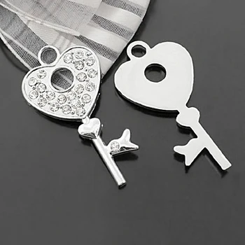

(27779)6PCS 38x21MM Stainless Steel Color Zinc Alloy with Rhinestone Heart Key Charms Pendants Diy Jewelry Findings Accessories