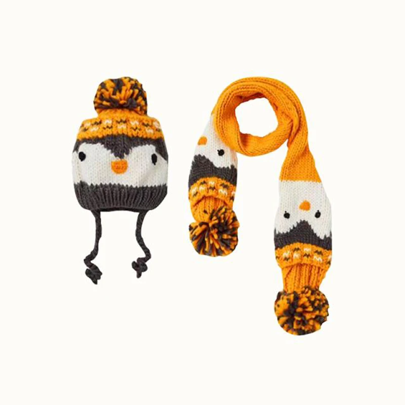 

Baby Hat and Scarf Set Knitted Gray Yellow Penguin Pom Pom Beanie Hat and Matching Infinity Scarf Set with Lining for 3-24 Month
