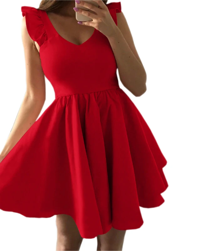 

Cute Party Dress Sweet V-neck Mini Dress Ruffles Sleeve A-line Outwear Red Dress 2019 New Kawaill 2XL Plus Size Overalls M0555