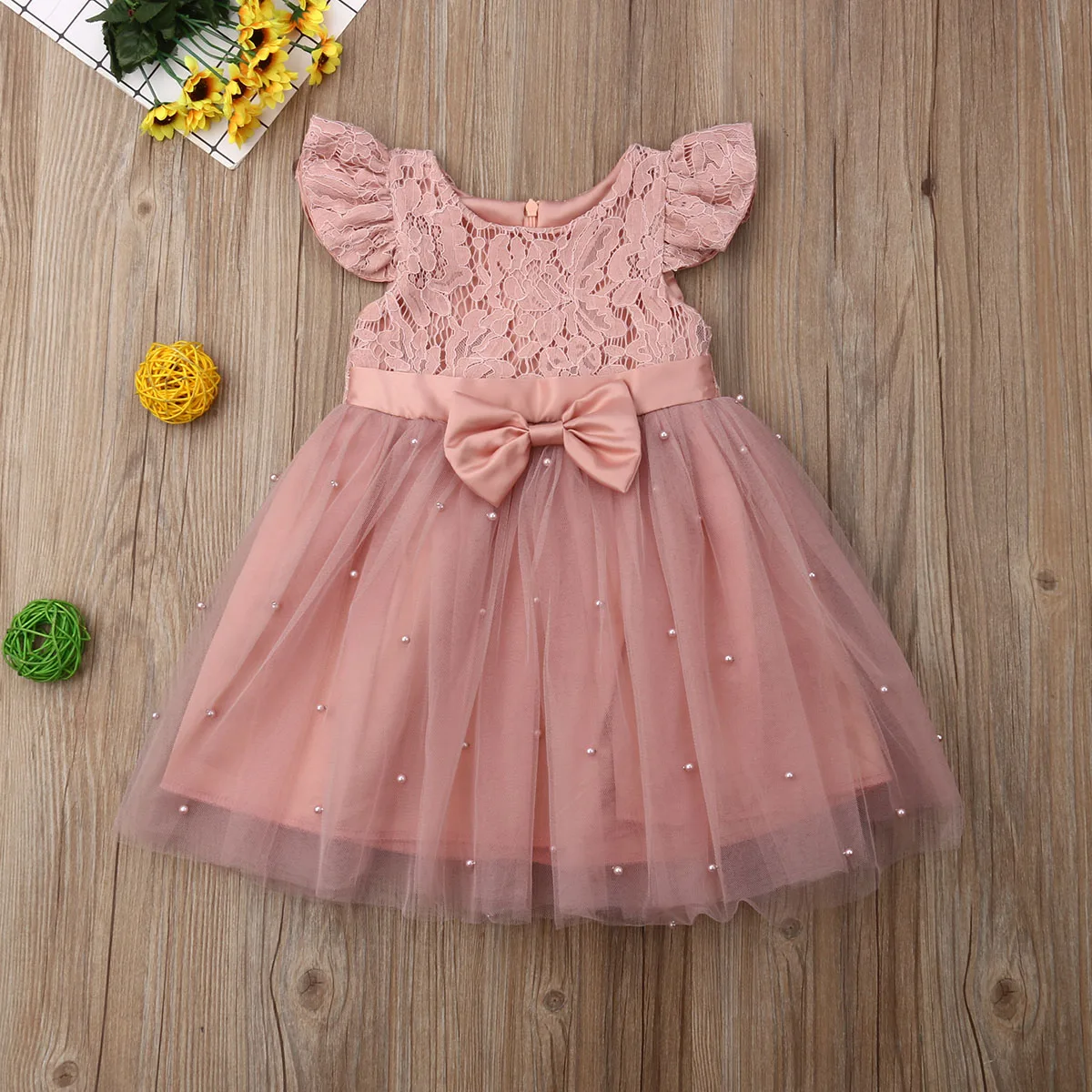 Baby Summer Clothing Newborn Kids Baby Girls Bowknot Tulle Princess Dress Lace Party Pageant Beadings Chiffon Sundress 2-7T