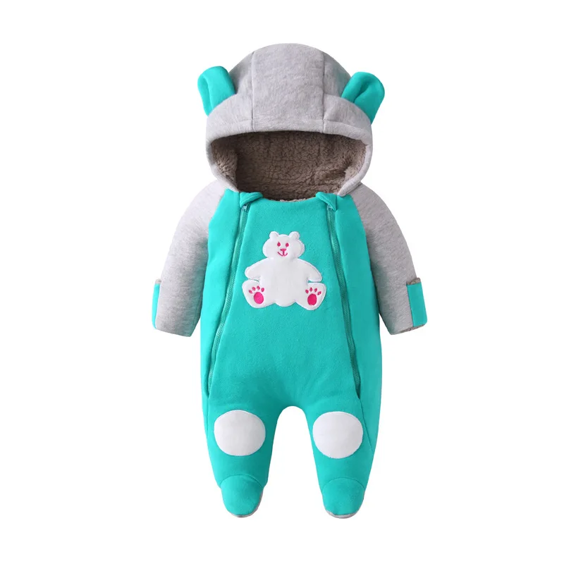 

2018 Winter Thickening Velvet Clothing Newborn Baby Warm Bear Embroidered Hooded Infant Clothing Jumpsuit Romper Baby Clothes