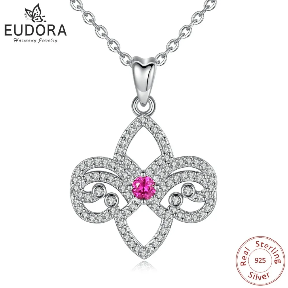 

EUDORA 925 Sterling Silver Purple Zircon & Fleur-de-lis Flower Pendant Necklace Flower of Lily Charm Necklaces Fine Jewelry D364