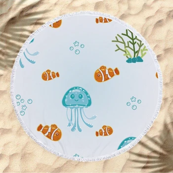 

Summer Circle Soft Microfiber Round Beach Towel With Tassels Cute Cartoon Ocean Animal Printed Adult Children Shower Bath Towels