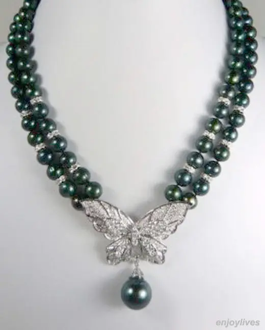 

new Style Hot sale****2 Rows Genuine Black shell Pearl White Crystal Butterfly Pendant Necklace Fashion Wedding Party Jewellery