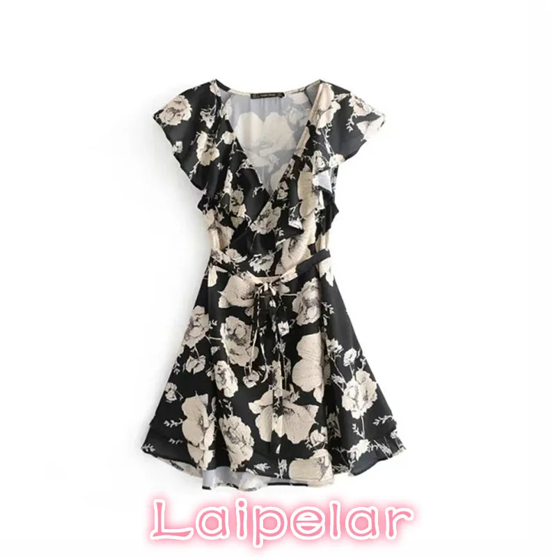 

2020 Boho summer dress women mini wrap floral print sexy chiffon dress beach party dresses ruffled short sleeve V neck dress