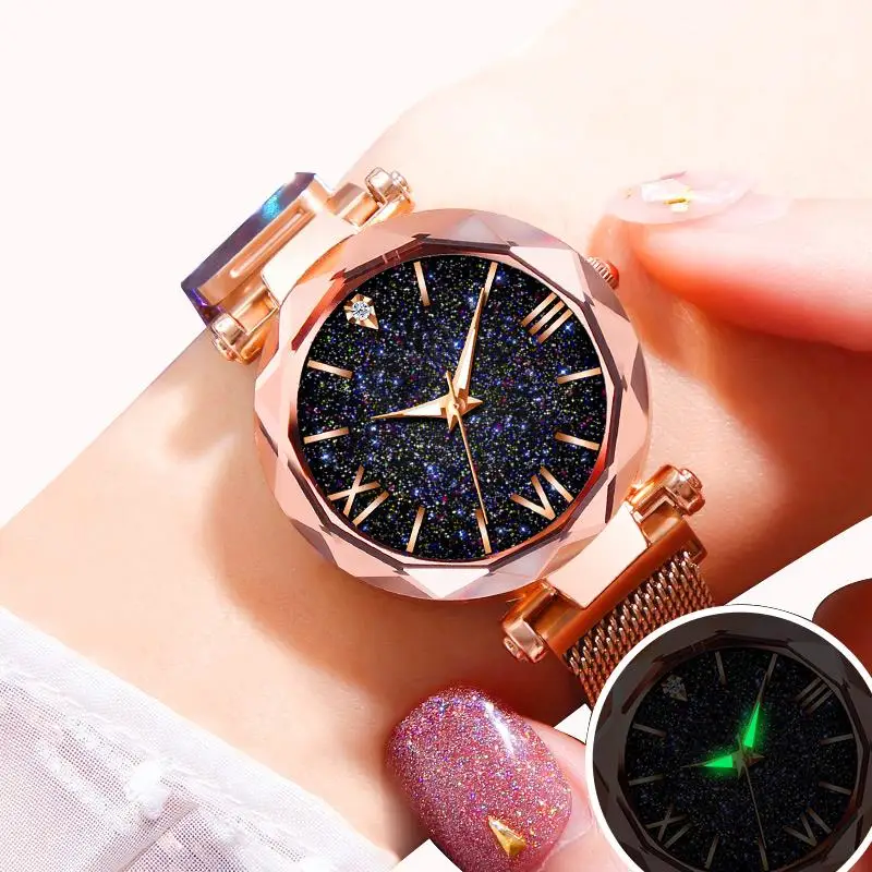 

Fashion Rose Gold Women Star Sky Stainless Steel Band Watch Accessories Magnet Buckle Jewelry Lover Gifts