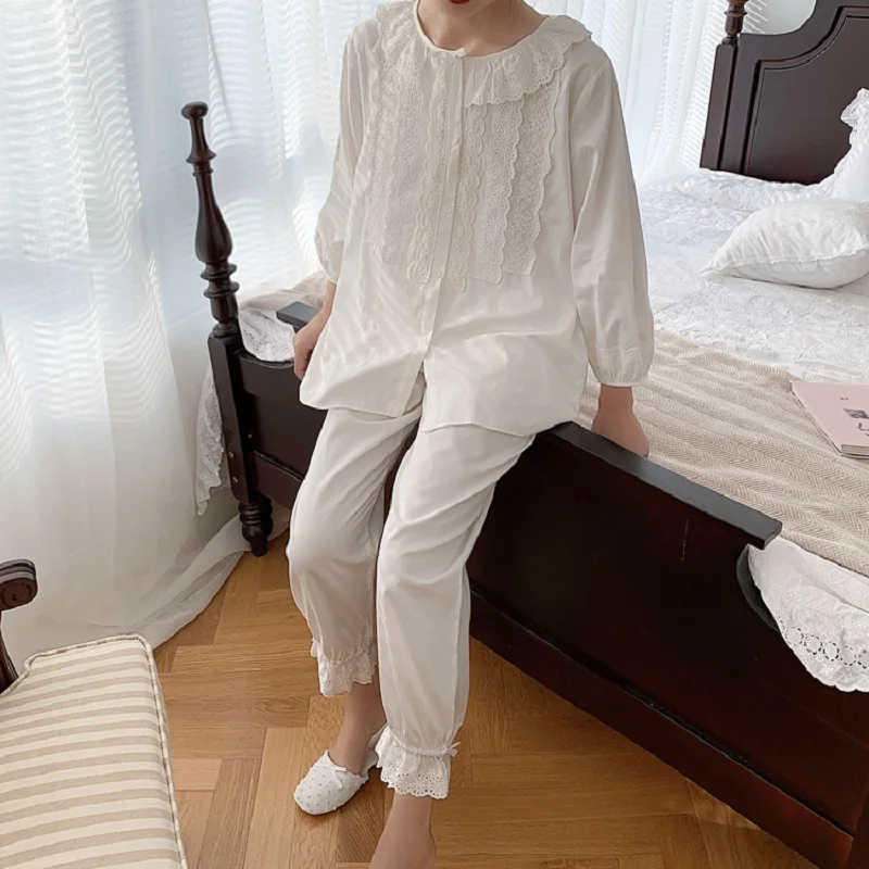 Модные мягкие из чистого хлопка женские повседневные белые пижамы с цветочным принтом женские свободные Милая одежда для сна Большие размеры