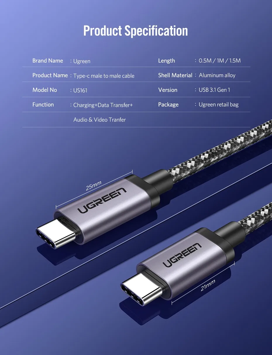 Ugreen Тип USB c 3.1 USB c штекерным Тип-C кабель Мужской быстро Зарядное устройство кабель для сяо 4c Nexus 5x, nexus 6 P, OnePlus 2, zuk Z1, Nokia N1