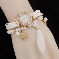 Мода Кленовый лист перо наручные часы Аналоговые кварцевые платье браслет Для женщин часы
