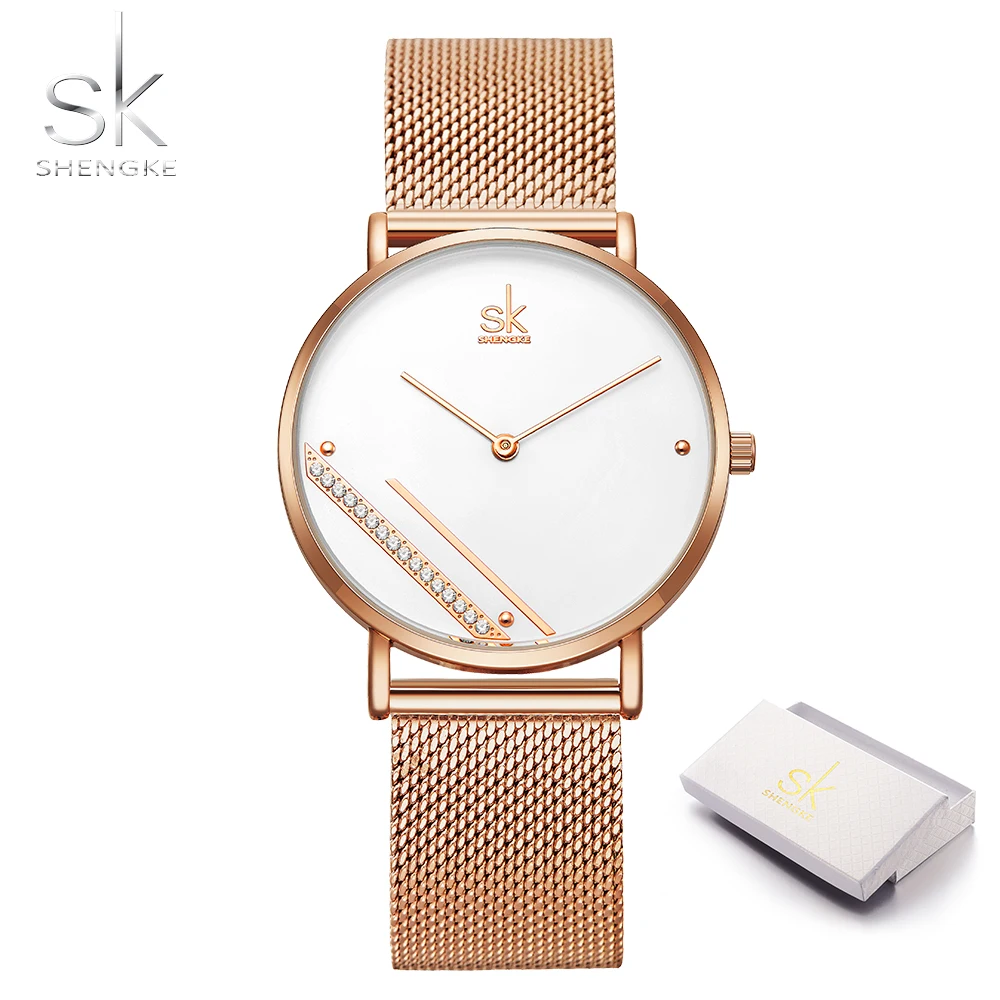 Shengke Rosegold Роскошные сетчатые женские часы Кристалл циферблат Reloj Mujer элегантные Кварцевые женские наручные часы Креативный Montre Femme - Цвет: rosegold with box