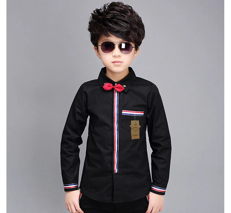 ActhInK New 2018 Boys Navy Style Dress Wedding Shirts with Bow Tie Gentle Kids Striped Formal Proms & Wedding Dress Shirts, C043 ActhInK New 2018 Boys Navy Style Dress Wedding Shirts with Bow Tie Gentle Kids Striped Formal Proms & Wedding Dress Shirts, C043