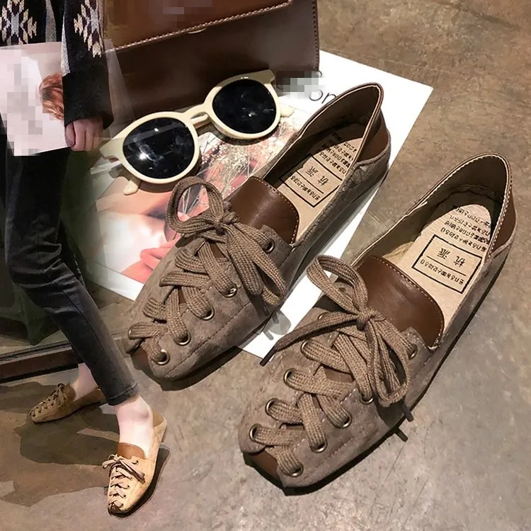 

EOEODOIT Fashion Casual Sneakers Square Toe Leather Patchwork Lace Up Women Flat Heel Shoes All Match New Flats 2019