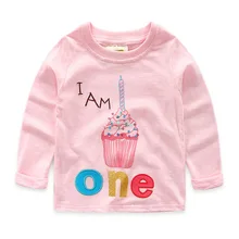 2016 New Next Spring Fall Girls Full Sleeve Kids Tees Cotton Comfortable Cartoon Children’Clothing Patch Letter Cake T-Shirt