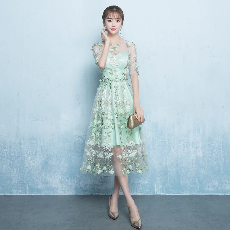 

New Arrival Women A-line Floral Embroidery Mid-calf Natural Waist Green Color Slim Dress AKN-057