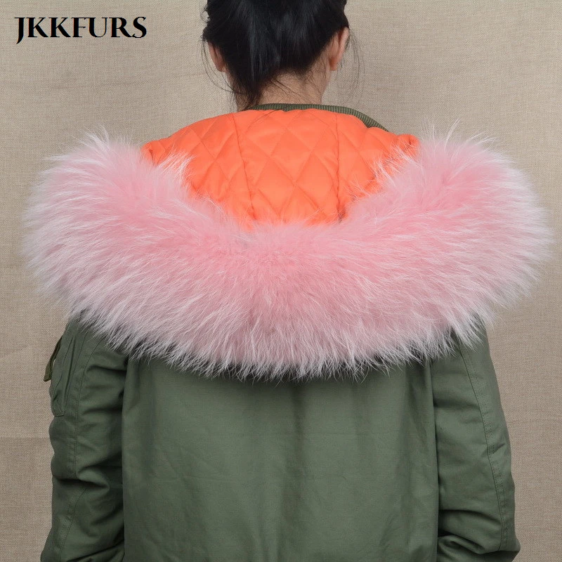 

JKKFURS 2019 New Large Real Raccoon Fur Trim Collar Women Men Fashion Parka Hood Natural Scarf Top Quality Lining S1535