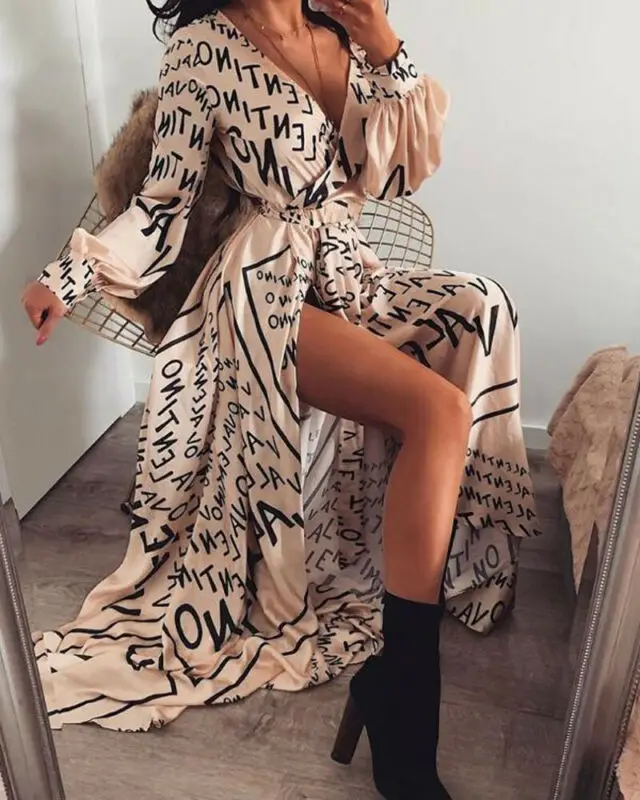 

Women Summe Letter Printing V-neck Long Sleeve Vintage Thigh Slit Maxi Dress Beach Sundress Coffee