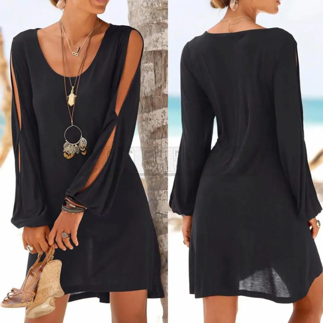 

Women Casual Solid O-Neck Long Sleeve Off Pullover Shoulder Dress Spring Autumn High Waist Knee Length Loose Party Beach Dress