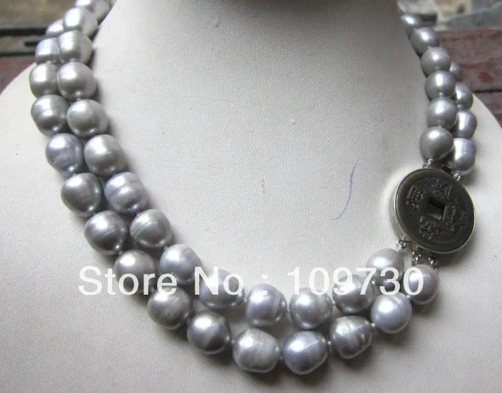 

Jewelry 001768 2 Row 10-13mm Light grey TAHITIAN NATURAL PEARL NECKLACE 17-18