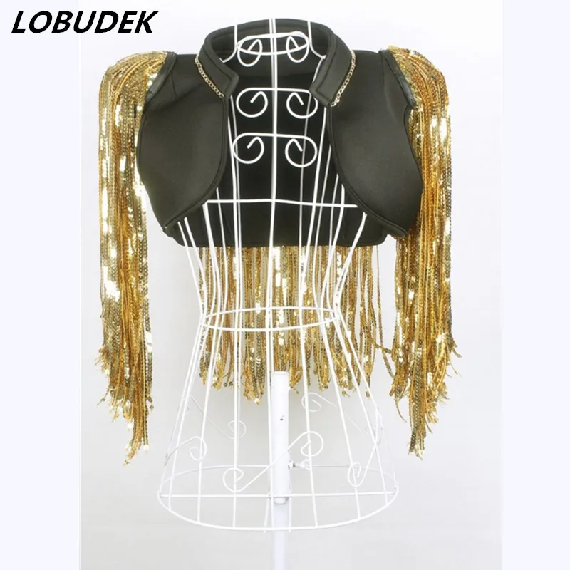 

Bar Nightclub Male Female Singer Costume Leading dancer Teams performance Stage outfit Gold Silvery Sparkly Sequins Jacket Vest