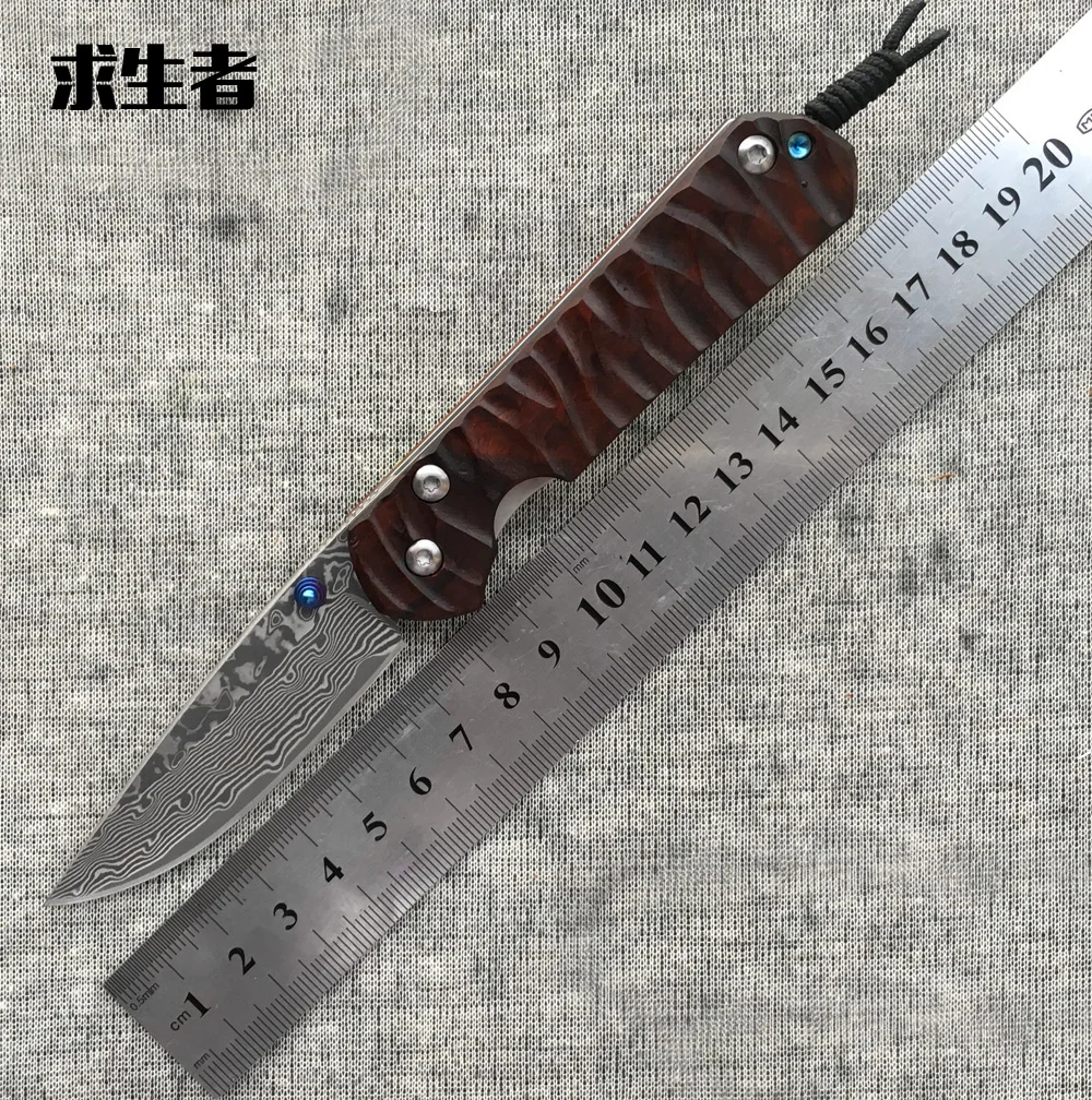 Folding Knife Damascus Blade Redwood Handle Pocket Survival Camping