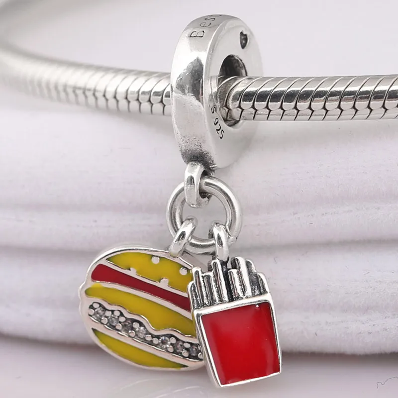 

New Red Golden & Yellow Enamel Burger & Fries Pendant Beads Fit Pandora Bracelet Diy Jewelry 925 Sterling Silver Bead Charm