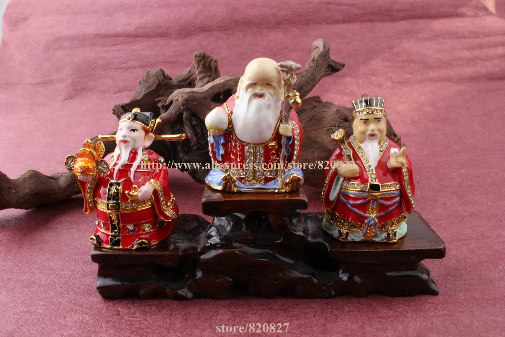 

Asia Feng Shui Old God Figurine Statue Trinket for Luck & Success Hand Painting Metal Statue/fengshui Trinket Box Set of 3