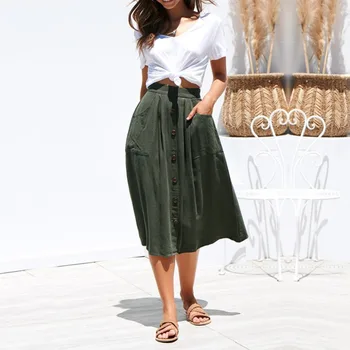 

Women's Skirts Vintage Button Front Solid A Line Midi Skirt with Pockets Ladies Buckled Loose Pocket Skirt Women's A-line skirt