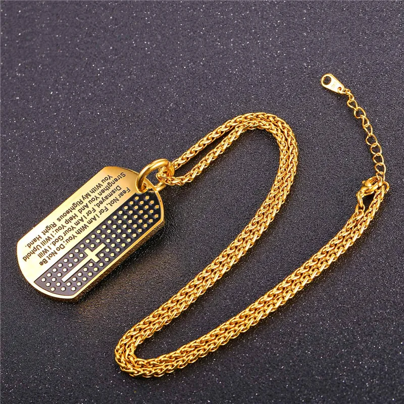 U7 Stainless Steel Men Cross Dog Tag Prayer Pendant Necklace Military Curb Chain 3mm 20 Inch Bible Verse Christian Jewelry P1009
