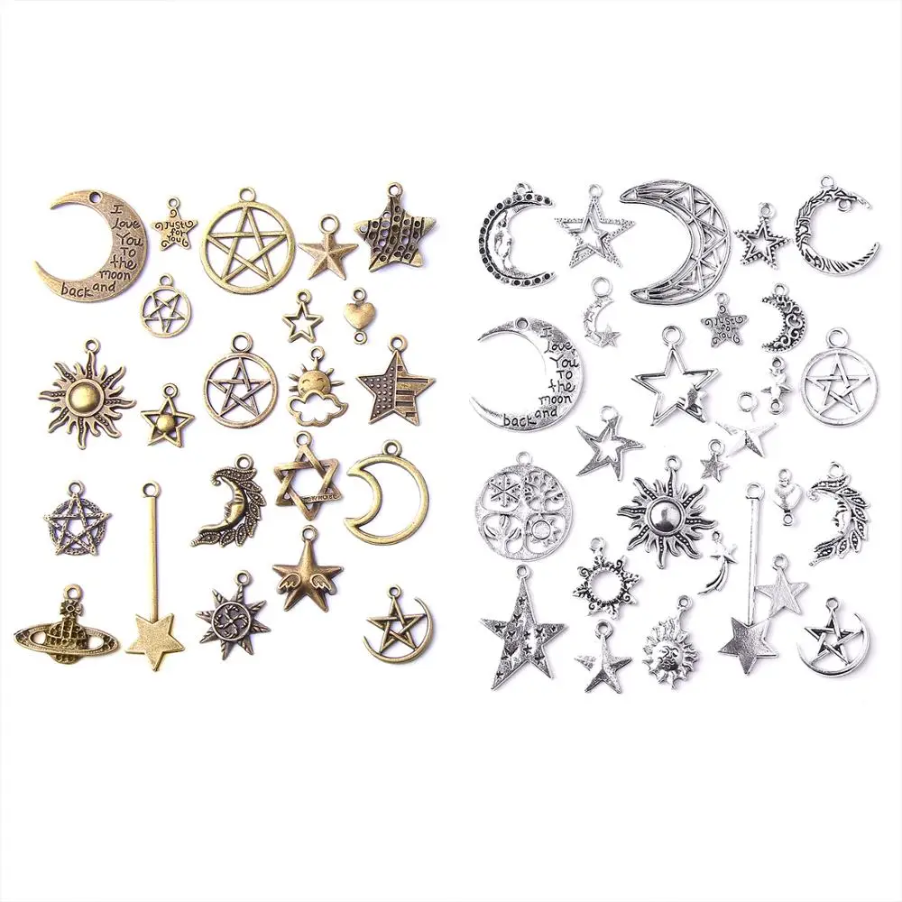 

73pcs/set Antique Bronze Silver Color Zinc Alloy Mixed Styles Sun Moon Stars Charms Pendant for DIY Jewelry Making Accessories
