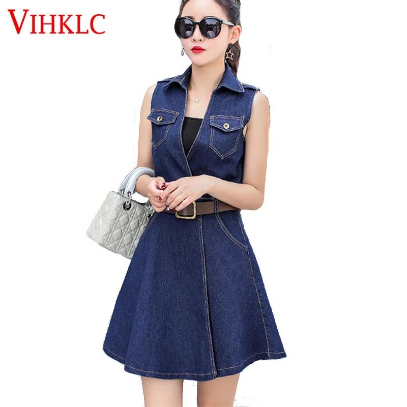 2018 summer new cowboy Dress belt pocket Plus Size S 4XL dress Turn