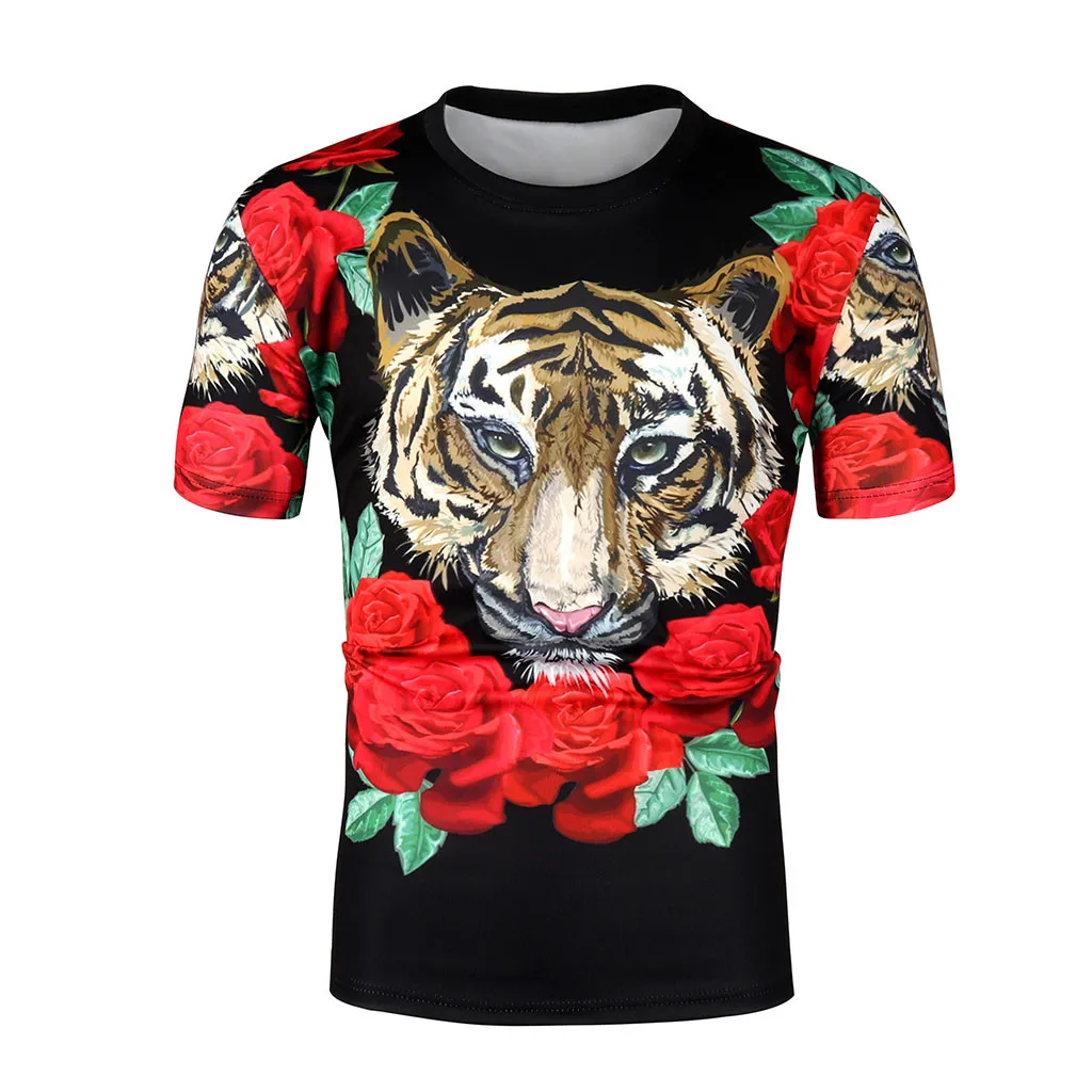 

Cotton O-neck Tshirt Style Embroidered Rose tiger Japanese World Painting Loose Men's Short Sleeves 2019 New T Shirt Men Sale