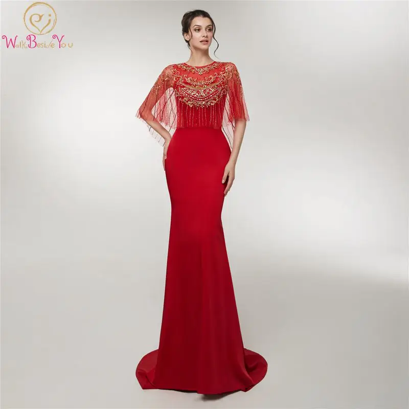 

Mermaid Long Red Evening Dresses Sleeveless Handmade Bling Beaded Elegant O Neck Sweep Train Vintage Tank Formal Party Gown2019
