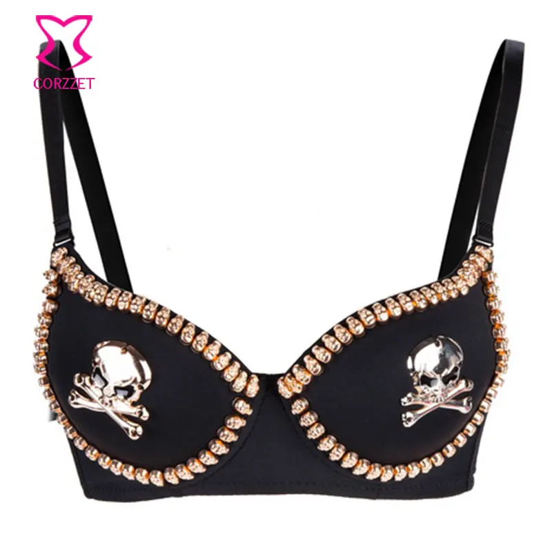 

Black Gothic Bralette Gold Skull Stud Brassiere Sexy Bras For Women's Underwear Burlesque Push Up Bra Pirate Sujetador Lingerie