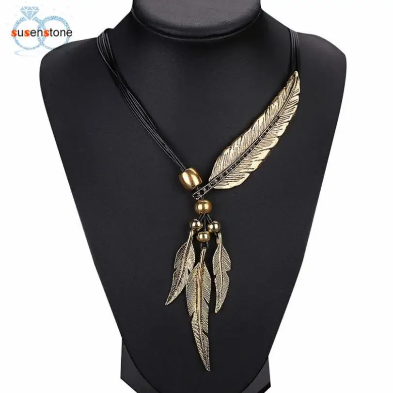 SUSENSTONE, модное античное винтажное ожерелье из сплава с перьями, цепочка на свитер, подвеска, ювелирное изделие, коричневое, золотое, Серебряное колье