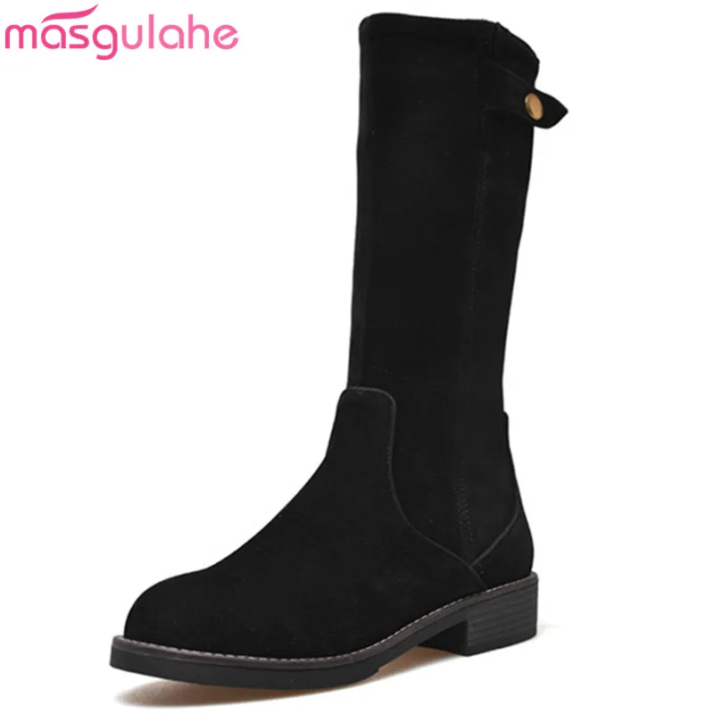 

Masgulahe 2018 fashion autumn winter boots women round toe zip flock med heels mid calf boots ladies shoes big size 32-43