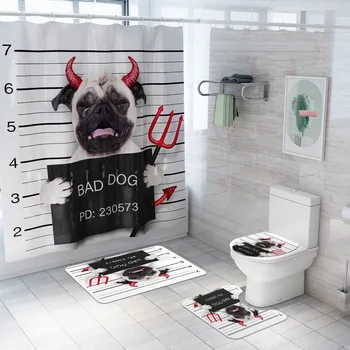 

Devil Dog Print Shower Curtain 4 Piece Carpet Cover Toilet Cover Bath Mat Pad Set Bathroom Curtain with 12 Hooks