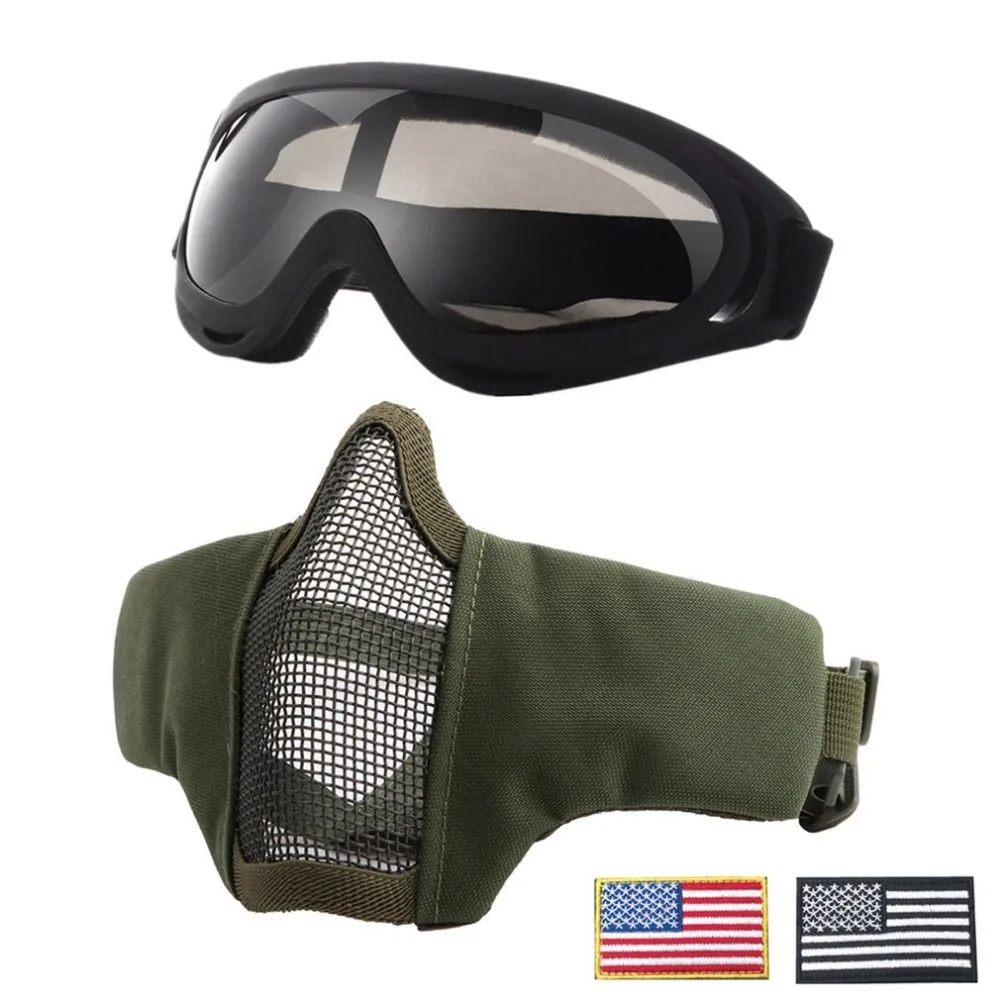 

NEW Airsoft Masks Breathable Half Metal Steel Mesh Face Mask And UV400 Goggles+Armband Set For Tactical Hunting Paintball Shooti