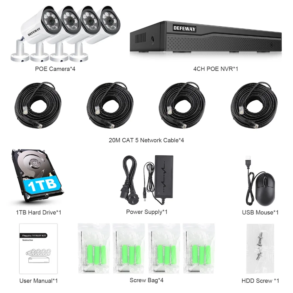 DEFEWAY 4CH 1080P HDMI NVR комплект POE CCTV система ИК ночного видения 2MP наружная ip-камера безопасности P2P комплект видеонаблюдения 4 камеры