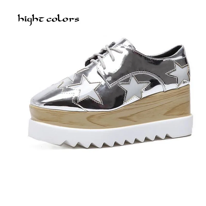 

Spring 2017 Woman Shoes Wedge High Heel Platform Five-pointed star Women Pump Lace Up PU Leather Ladies Wedding Shoes Size 35-40