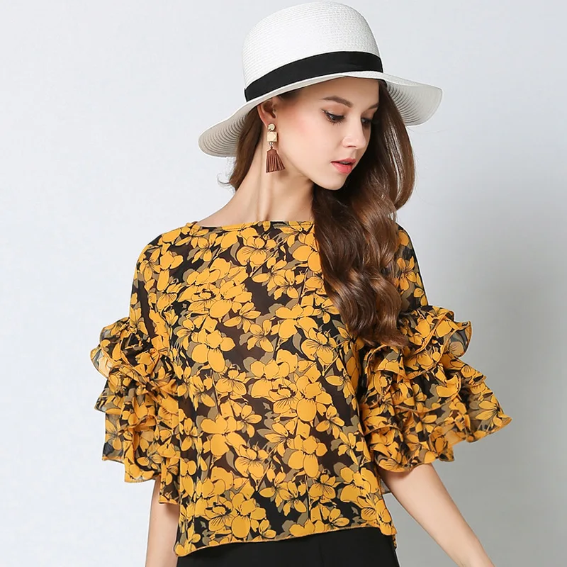 Fashion Off Shoulder Chiffon font b Blouse b font Floral Printing Five Sleeve Flare Sleeve font