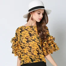 Fashion Off Shoulder Chiffon font b Blouse b font Floral Printing Five Sleeve Flare Sleeve font