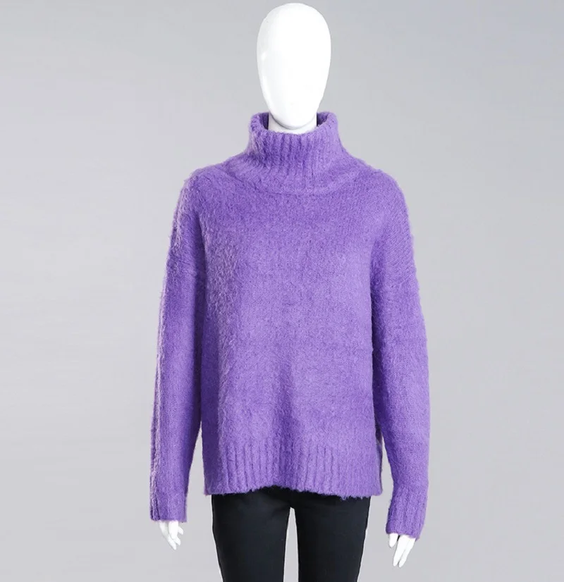 Зимние элегантные женские фиолетовые водолазки, свитера, пуловеры с длинным рукавом, Женский вязаный джемпер Harajuku, топы, одежда
