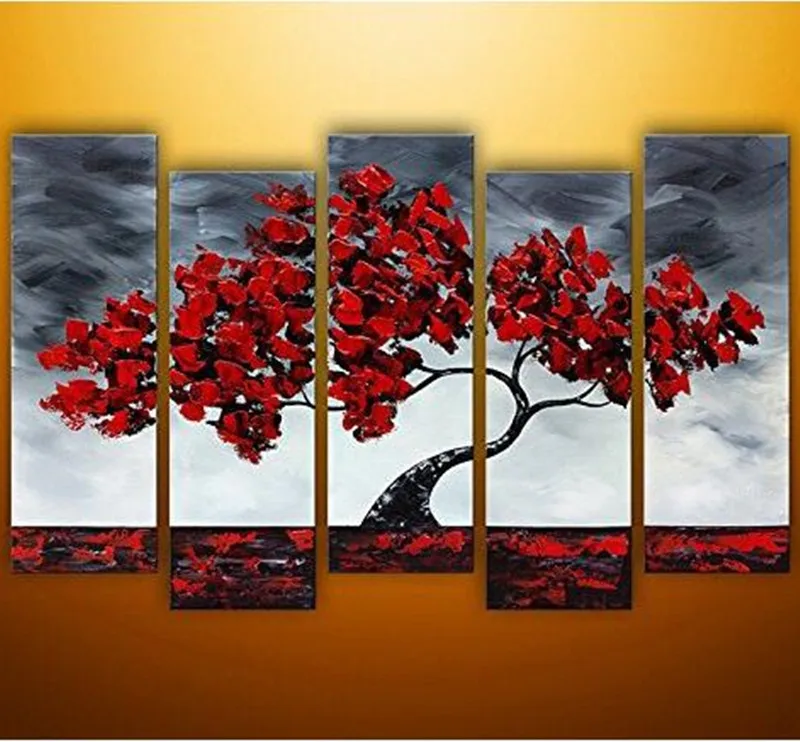 

Hand Painted Abstract Landscape Oil Paintings Modern Home Decor Wall Art Knife Red Tree Pictures Large 5 Panels Canvas Painting