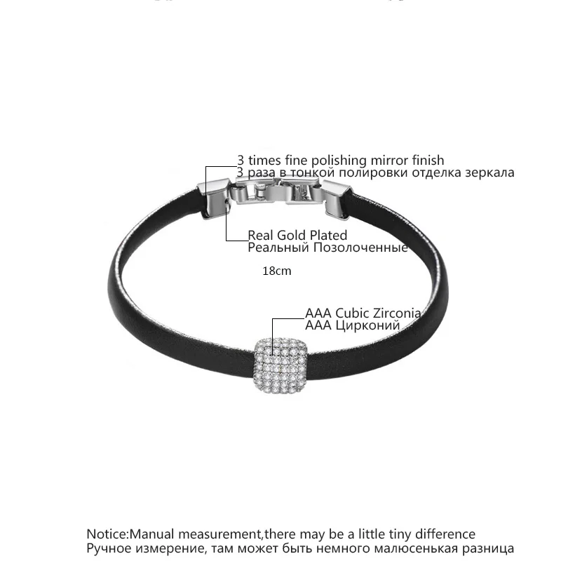 LUOTEEMI, нежный подарок на любовь, кожаный браслет с блестящими CZ квадратными бусинами, черная цепочка для женщин, девушек, вечерние ювелирные изделия