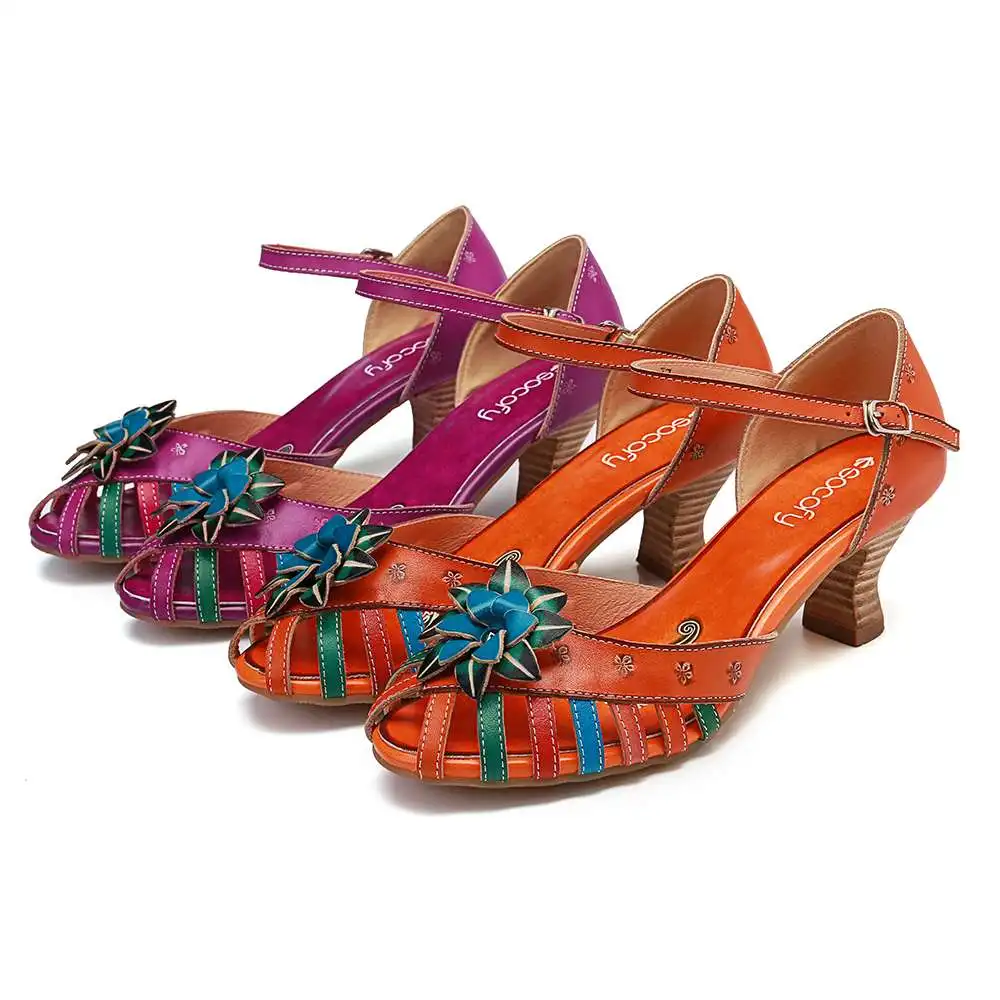 SOCOFY/удобные Босоножки на каблуке из натуральной кожи с цветными цветами ручной работы; летние женские босоножки