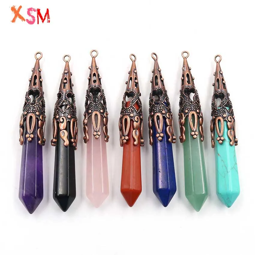 

Natural Amethysts Opal etc.Crystal Hexagon Prism Point Pendants Necklace for Men Women Reiki Healing Charm Jewelry (with Chain)