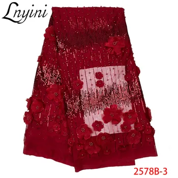 

Beautiful Red 3D Lace Flowers Nigerian Lace Fabric with Beads/Sequins 2019 High Quality Tulle Lace for Wedding Dress L2578B-3