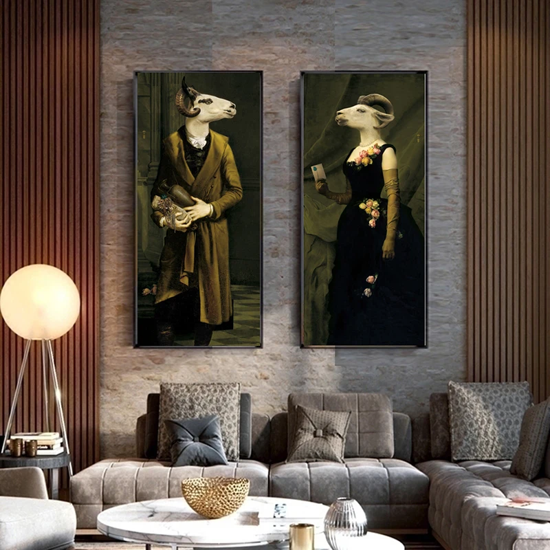 

WANGART Retro Nostalgia Gentleman Lady oil paintings Wall Art Animal posters Prints Canvas Painting For Living Room Home Decor
